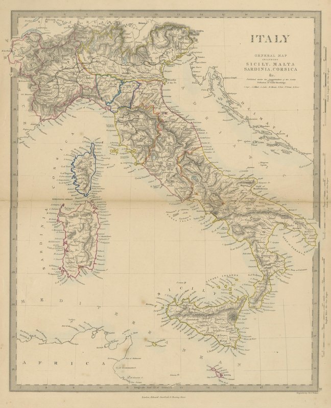 Italy Map Colored In Antique Map of Italy Before Unification, 1858 for sale at Pamono
