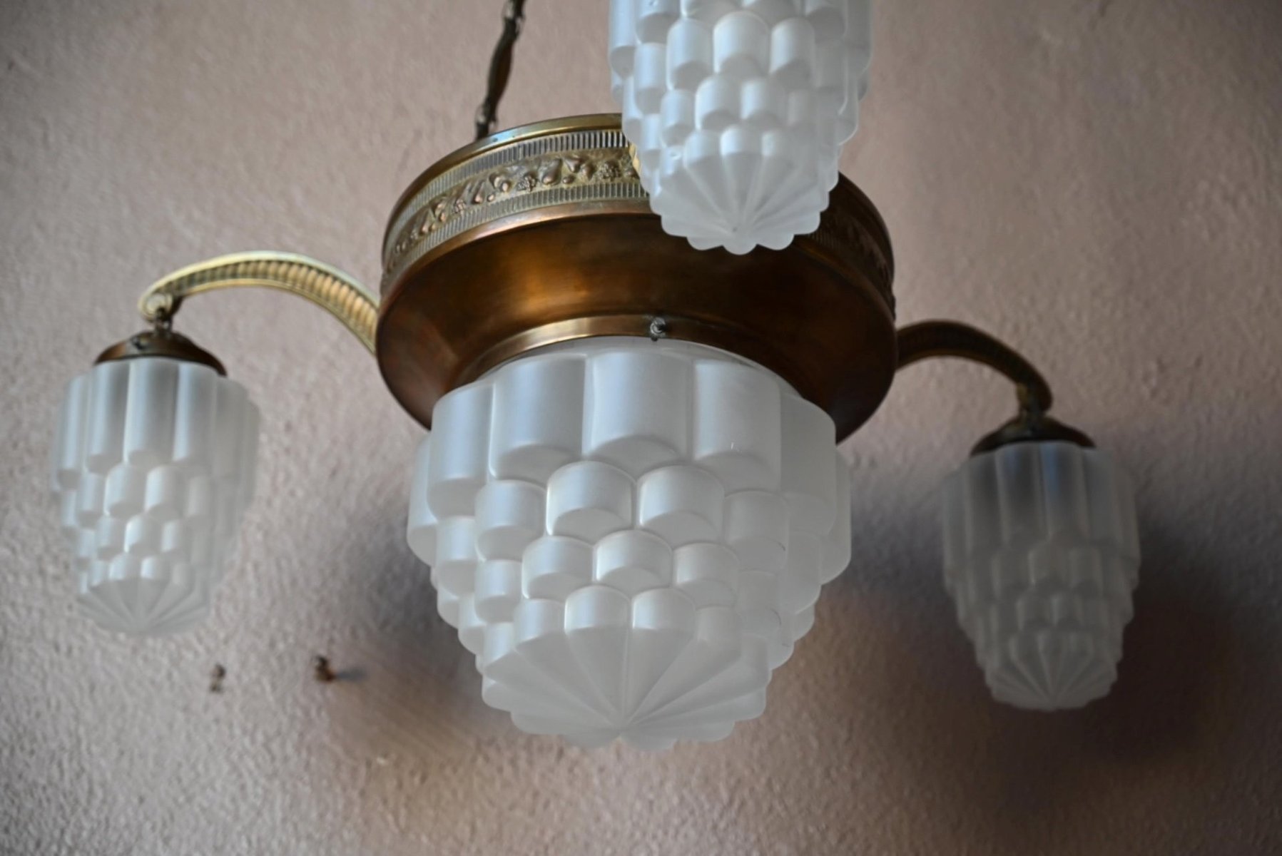 Art Deco Brass and Frosted Pressed Glass Chandelier, 1920s for sale at ...