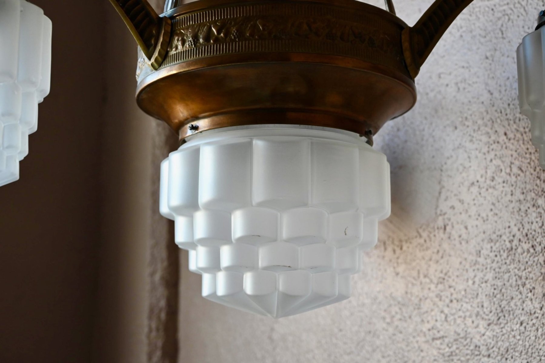 Art Deco Brass and Frosted Pressed Glass Chandelier, 1920s for sale at ...