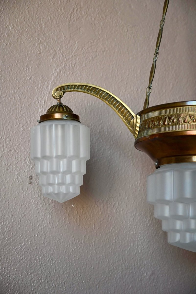 Art Deco Brass and Frosted Pressed Glass Chandelier, 1920s for sale at ...