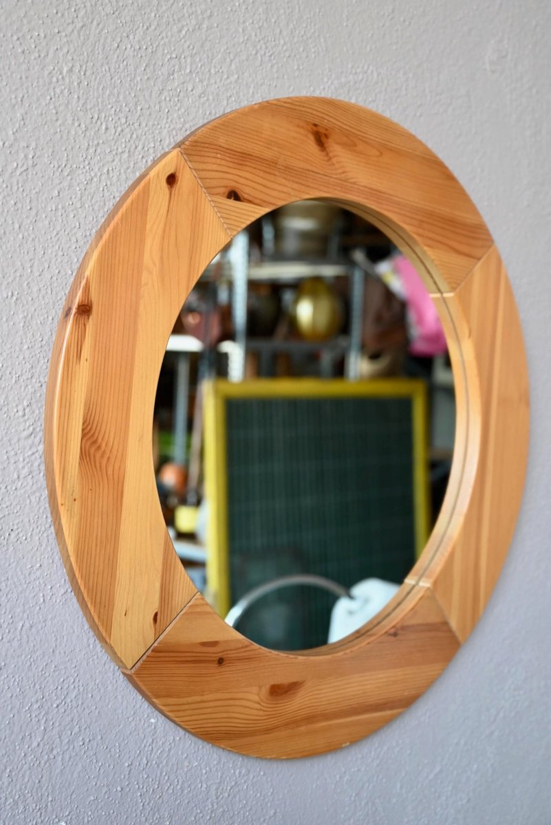 Vintage Scandinavian Round Wall Mirror in Pine, 1960s for sale at Pamono