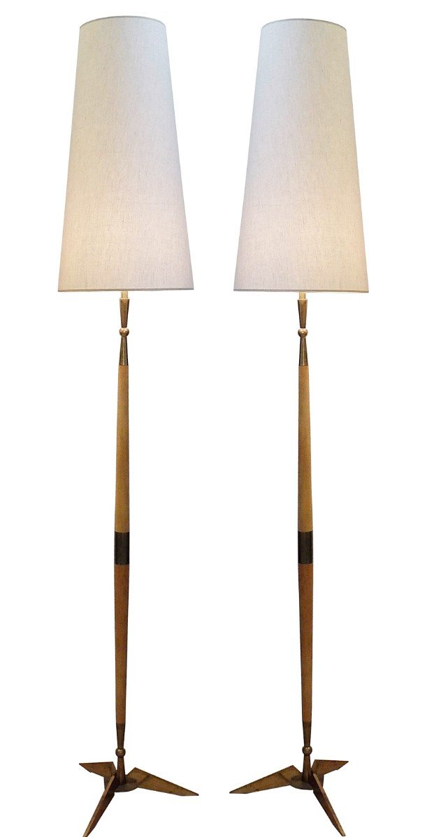 Mid Century Wood Brass Floor Lamps Set Of 2 For At Pamono Mid Century Wood Brass Floor Lamps Set Of 2