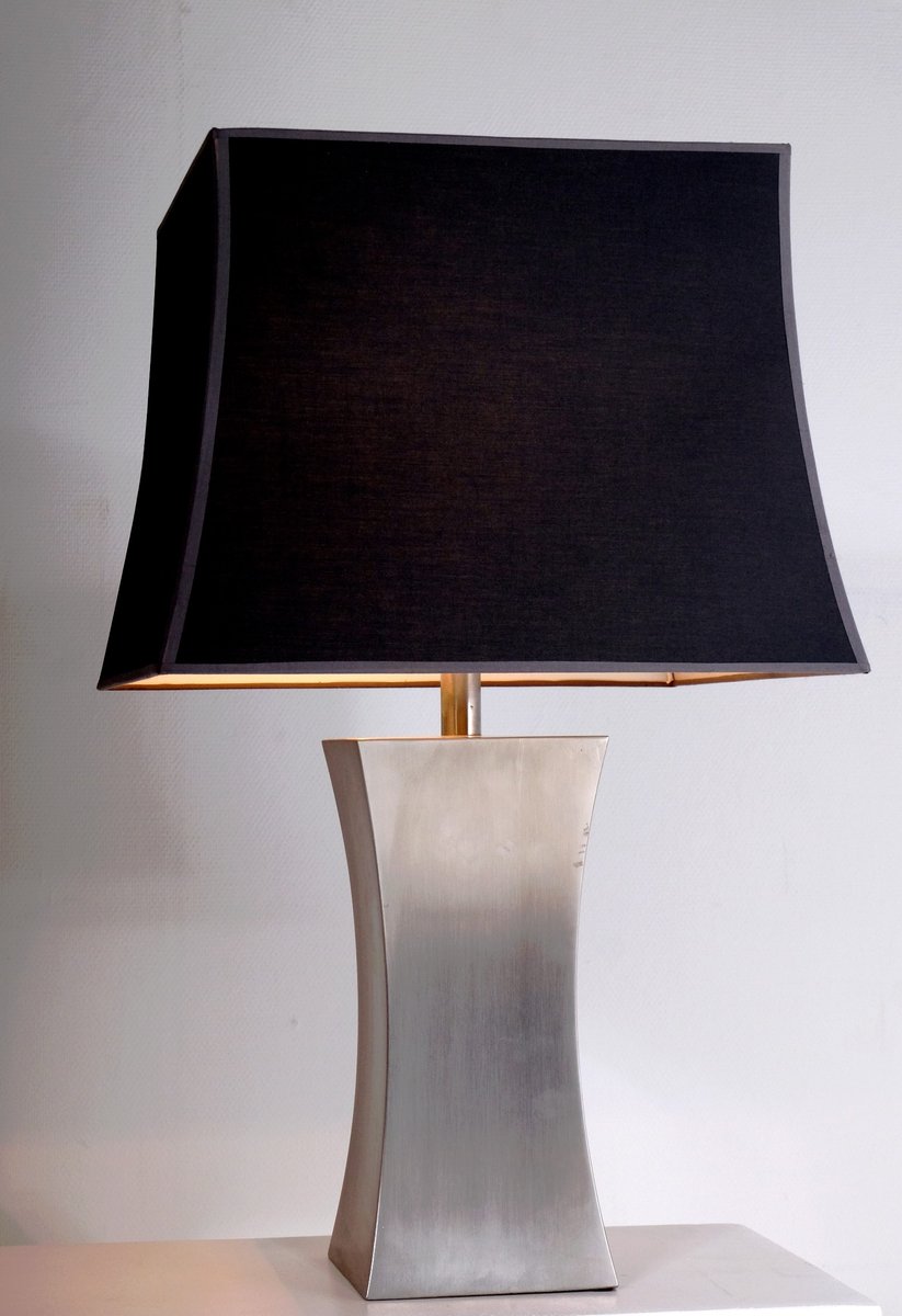 French Stainless Steel Table Lamps With Silk Shades By Francoise See French Stainless Steel Table Lamps With Silk Shades By Francoise See 1970s