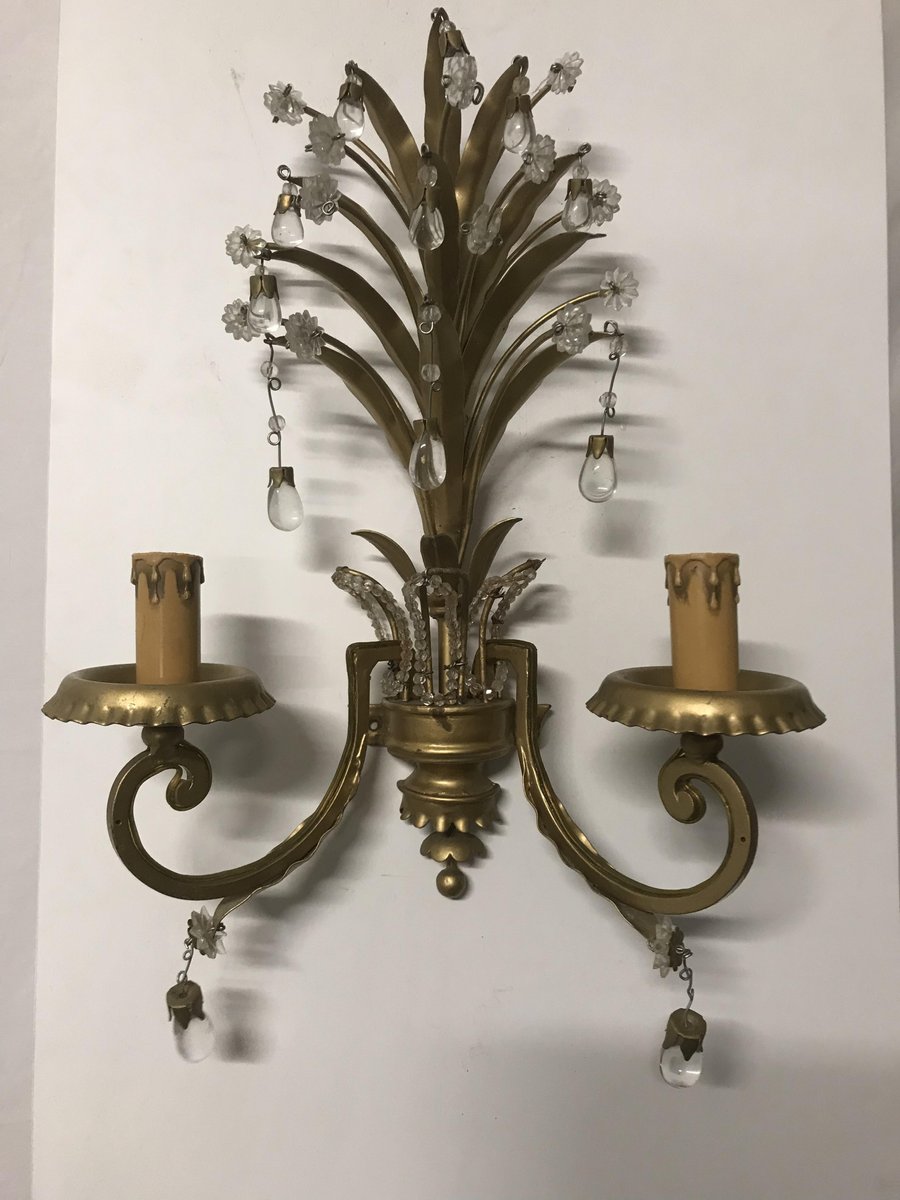 Lámparas de pared italianas vintage con gotas de cristal y cristal de