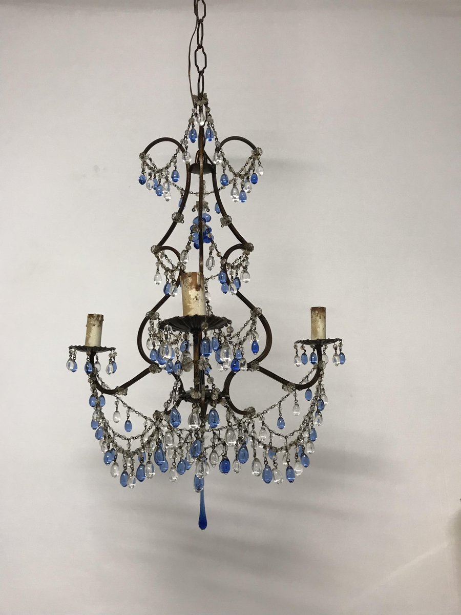 Vintage Italian Crystal Chandelier With Murano Glass Blue Pendants Vintage Italian Crystal Chandelier With Murano Glass Blue Pendants