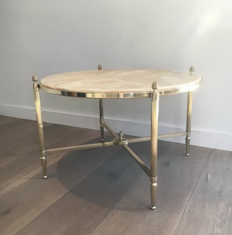 Round Brass Coffee Table With Marble Top From Maison Bagues 1940s Round Brass Coffee Table With Marble Top From Maison Bagues 1940s