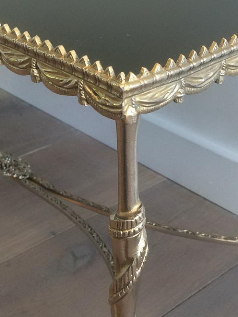 Silver Coffee Table with Cloven Hoof Feet & Black Lacquered Glass Top