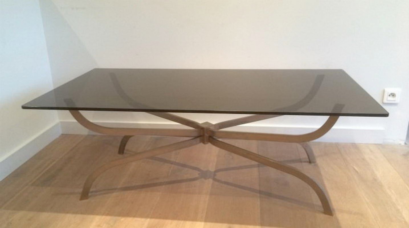Brushed Steel Smoked Glass Coffee Table From Maison Charles 1960s Brushed Steel Smoked Glass Coffee Table From Maison Charles 1960s