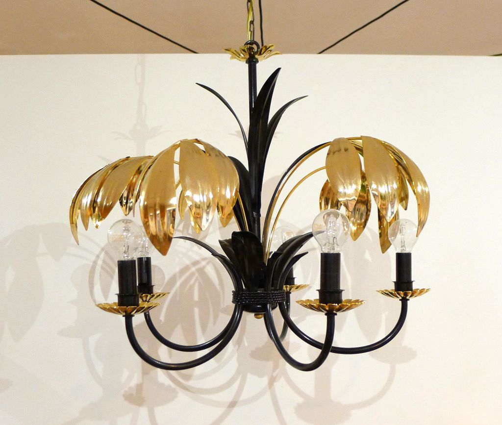 Five Armed Chandelier With Black And Gold Metal Palm Leaves Five Armed Chandelier With Black And Gold Metal Palm Leaves 1970s