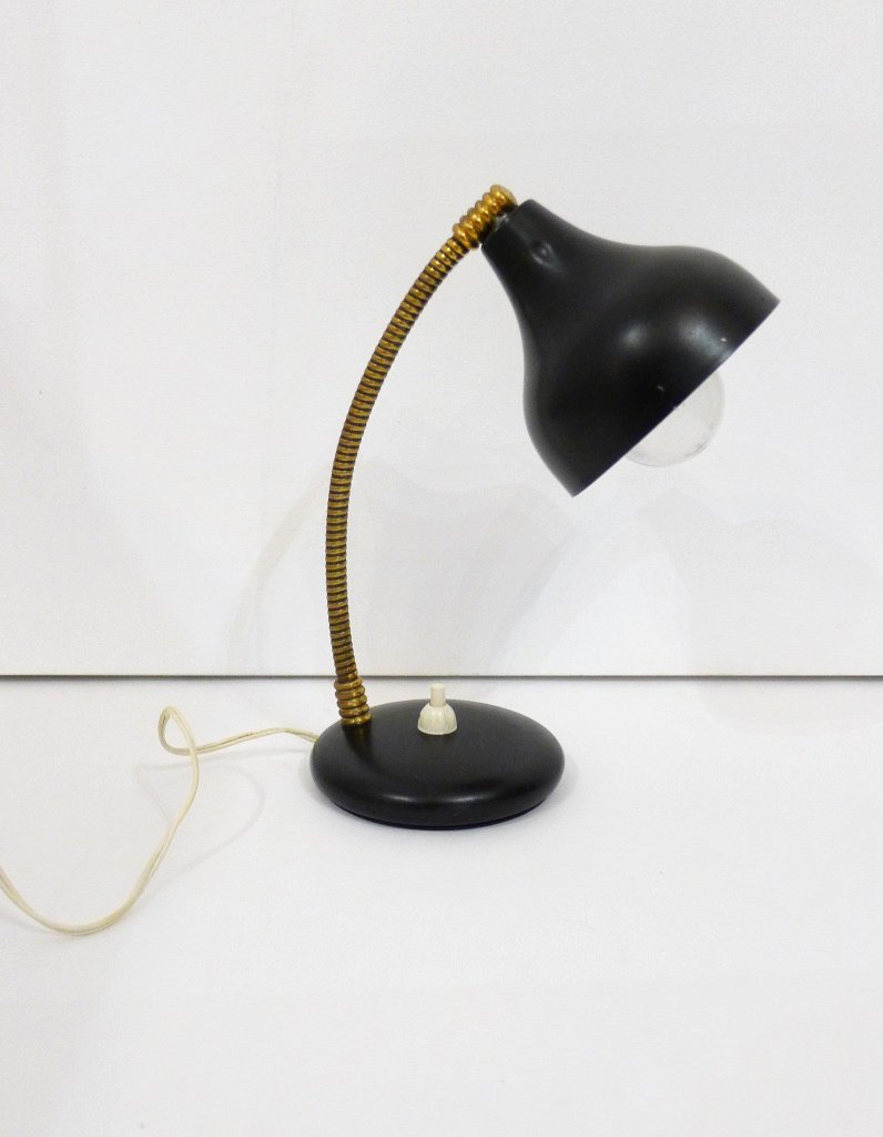 Small Desk Lamp With Black Lacquered Metal And Golden Stem 1960s Small Desk Lamp With Black Lacquered Metal And Golden Stem 1960s