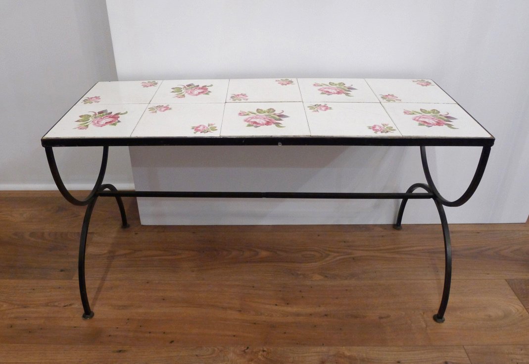 Coffee Table With Wrought Iron Base Pink Earthenware Tile Tabletop Coffee Table With Wrought Iron Base Pink Earthenware Tile Tabletop 1950s 9 169 00