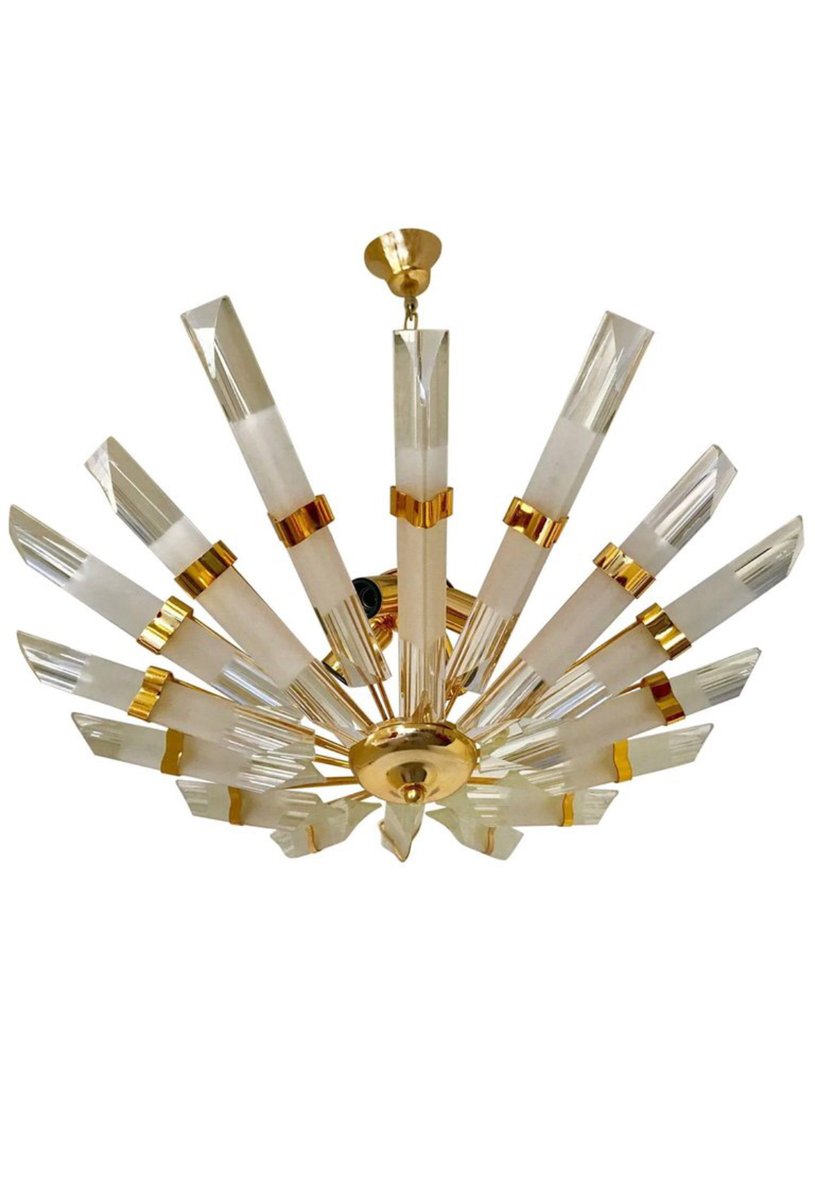 Beautiful Mid Century Modern Brass Chandelier With Long Glass Shades