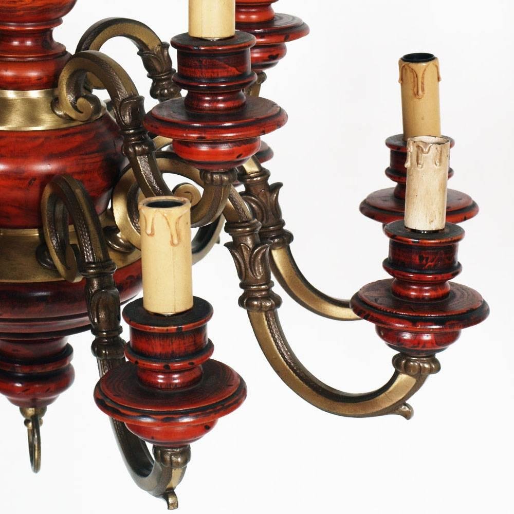 MidCentury Bronze & Red Lacquered Wood 12 Lights Chandelier for sale