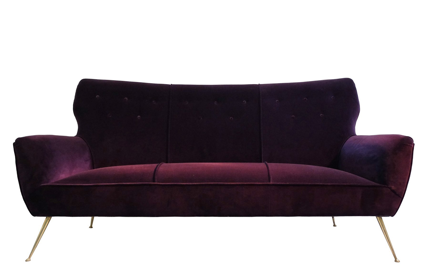 Italian 3 Seater Aubergine Velvet Sofa With Br Feet 1950s For Italian 3 Seater Aubergine Velvet Sofa With Br Feet 1950s