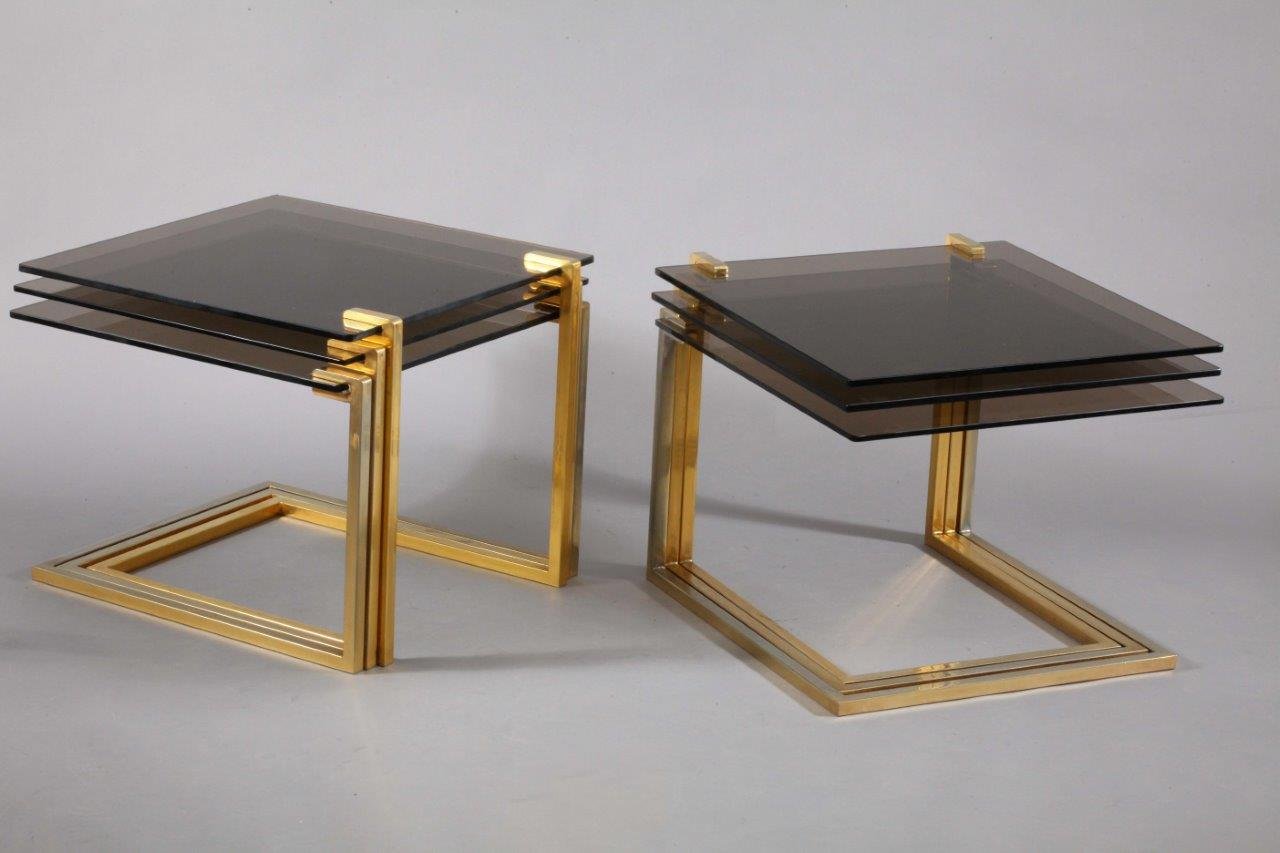 Tables Gigognes en Verre Fumé et Laiton, France, 1970s en ...