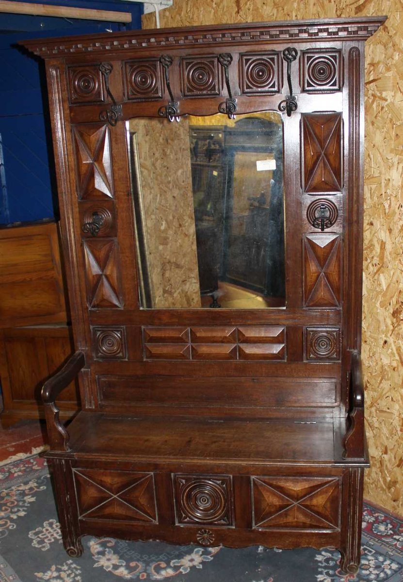 High Breton Hallstand With Storage Bench In Carved Oak 1920s For High Breton Hallstand With Storage Bench In Carved Oak 1920s