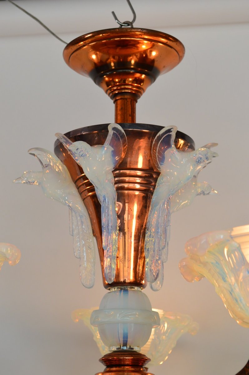 Lustre en Cuivre et Verre Opalin de EZAN, France, 1930s en ...