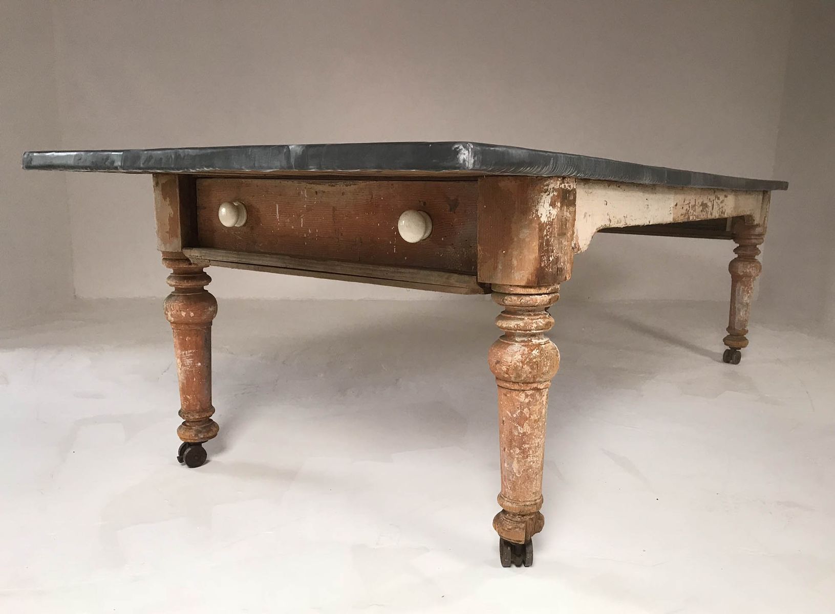 19th Century Victorian Rustic Dining Table With Zinc Top Bei