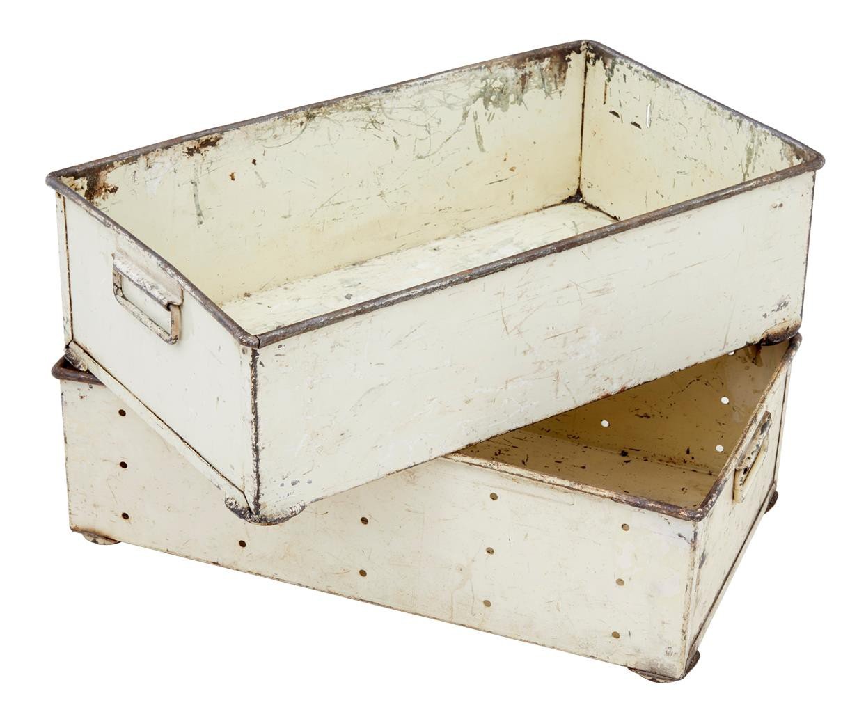 Cajas de almacenamiento industriales de acero, años 20. Juego de 2 en