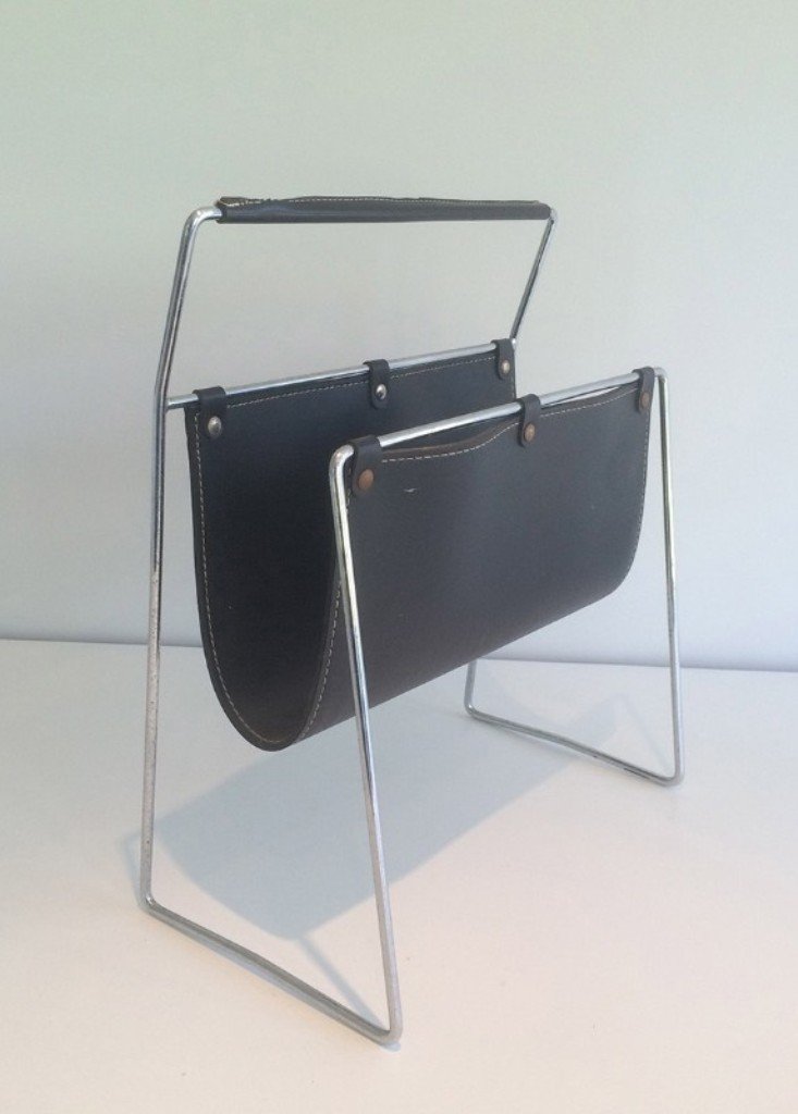 Black Leather & Chrome Magazine Rack, 1970s for sale at Pamono