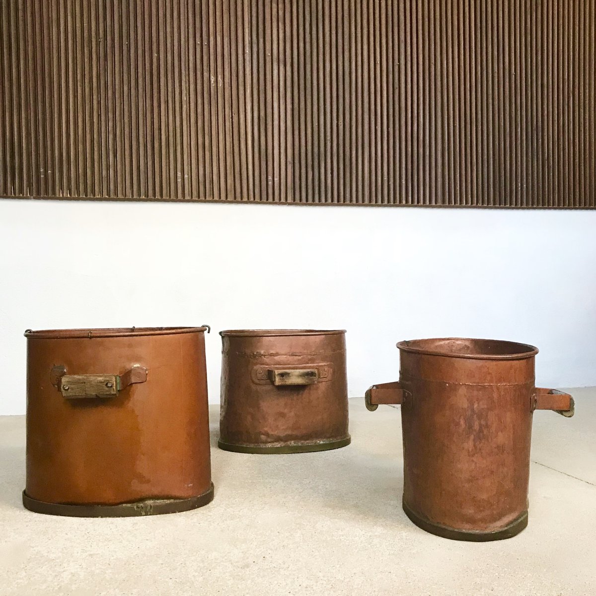 Large Antique Copper Fireplace Log Holders, 1850s, Set of 3 for sale at