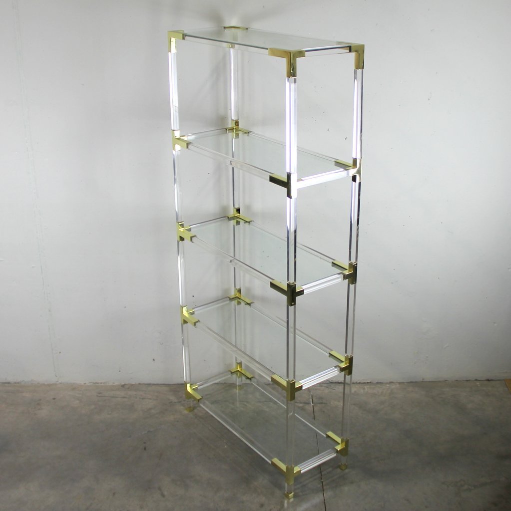 Gold Metal, Glass and Methacrylate Shelving Unit, 1970s for sale at Pamono