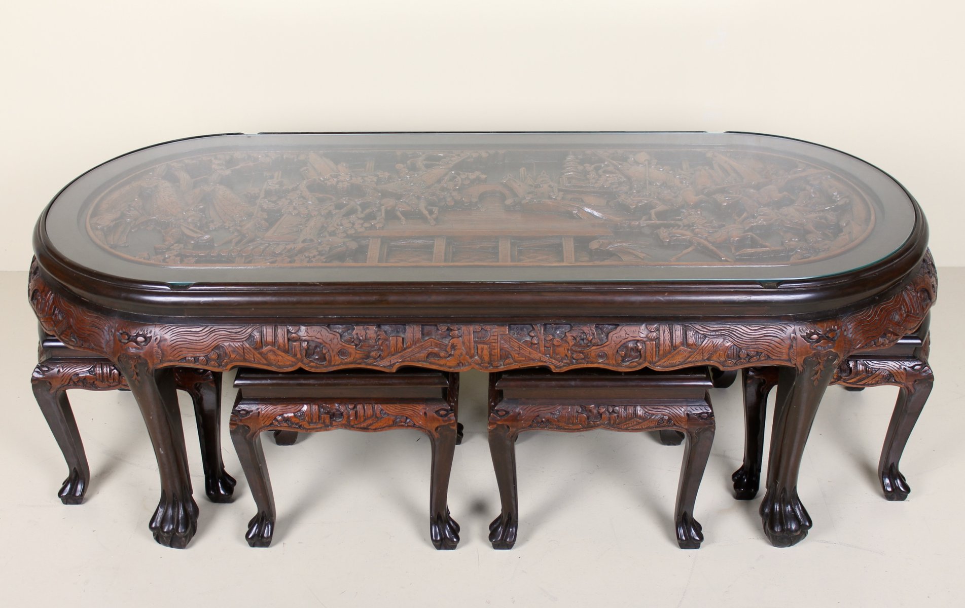 Vintage Hand Carved Chinese Coffee Table With 6 Stools For At Vintage Hand Carved Chinese Coffee Table With 6 Stools