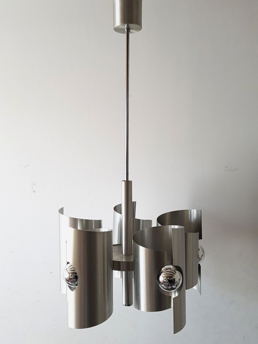 Französischer Space Age Kronleuchter Aus Gebürstetem Stahl 1970er
