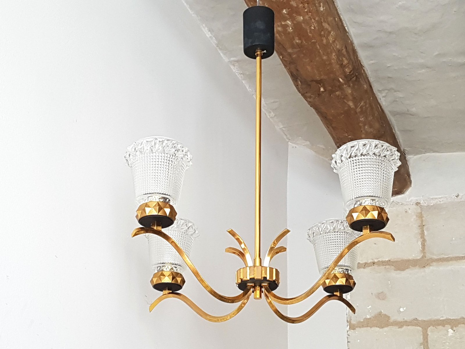Mid Century French Brass Steel Glass Ceiling Fixture 1950s