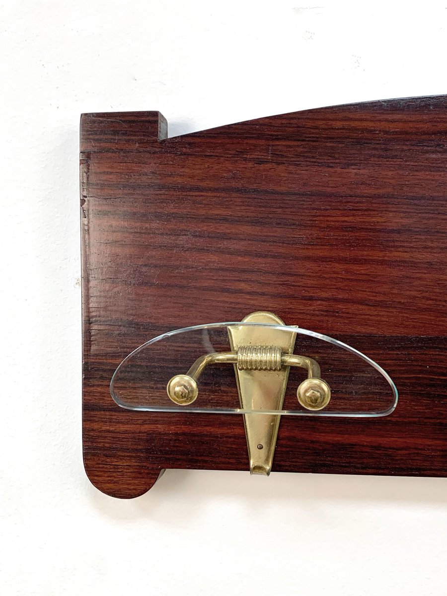 Art Deco Wood Wall Hanger with Brass & Glass Hooks from Fontana Arte