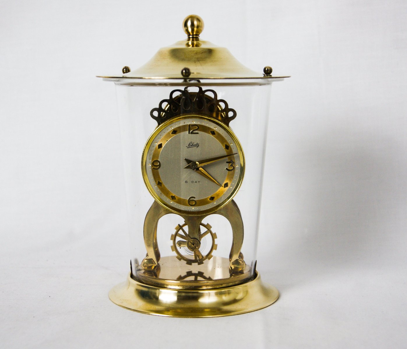 Vintage Brass & Perspex Domed 8Days Mantle Clock from Schatz for sale