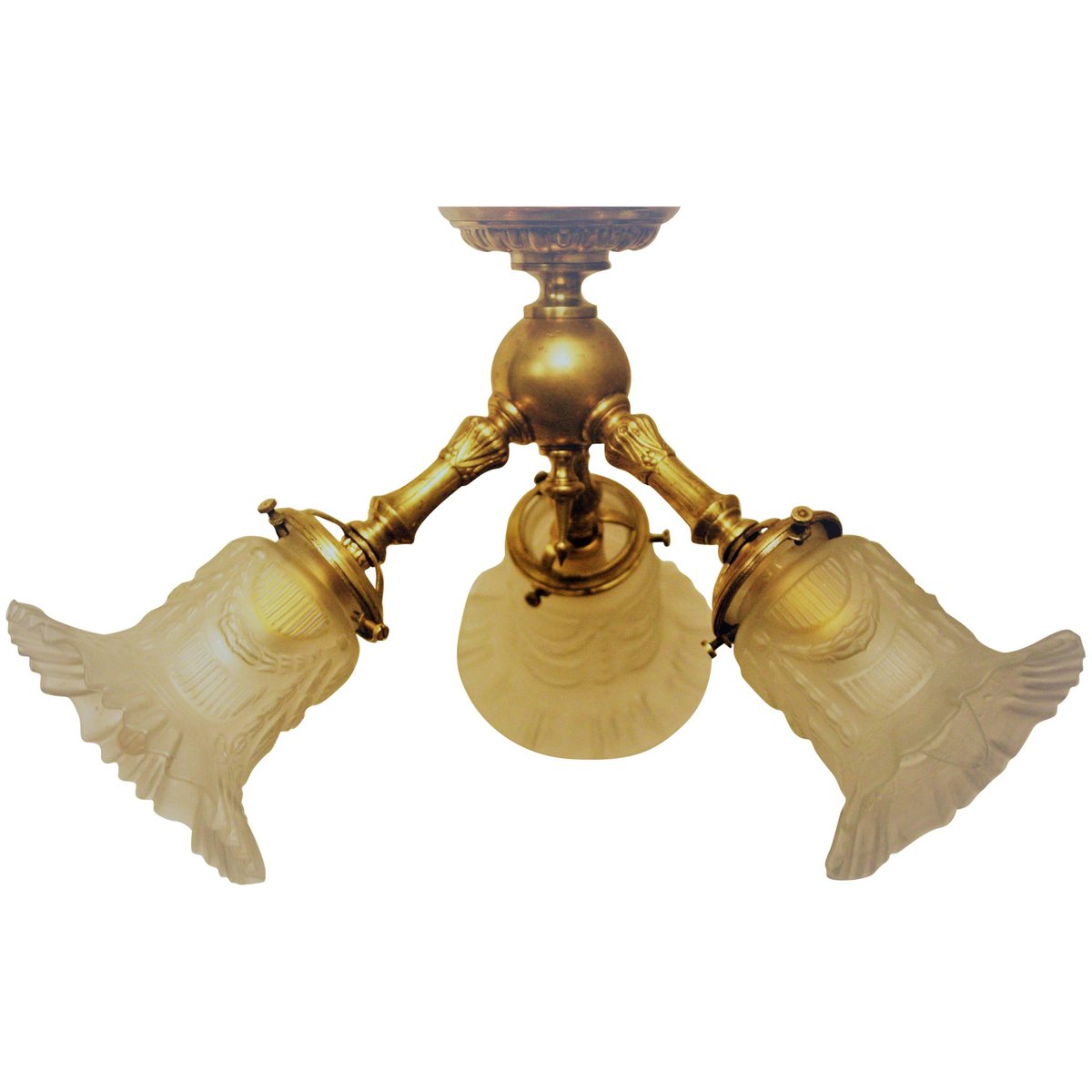 Kleiner Jugendstil Kronleuchter Aus Messing Glas Mit 3 Leuchten 1900er