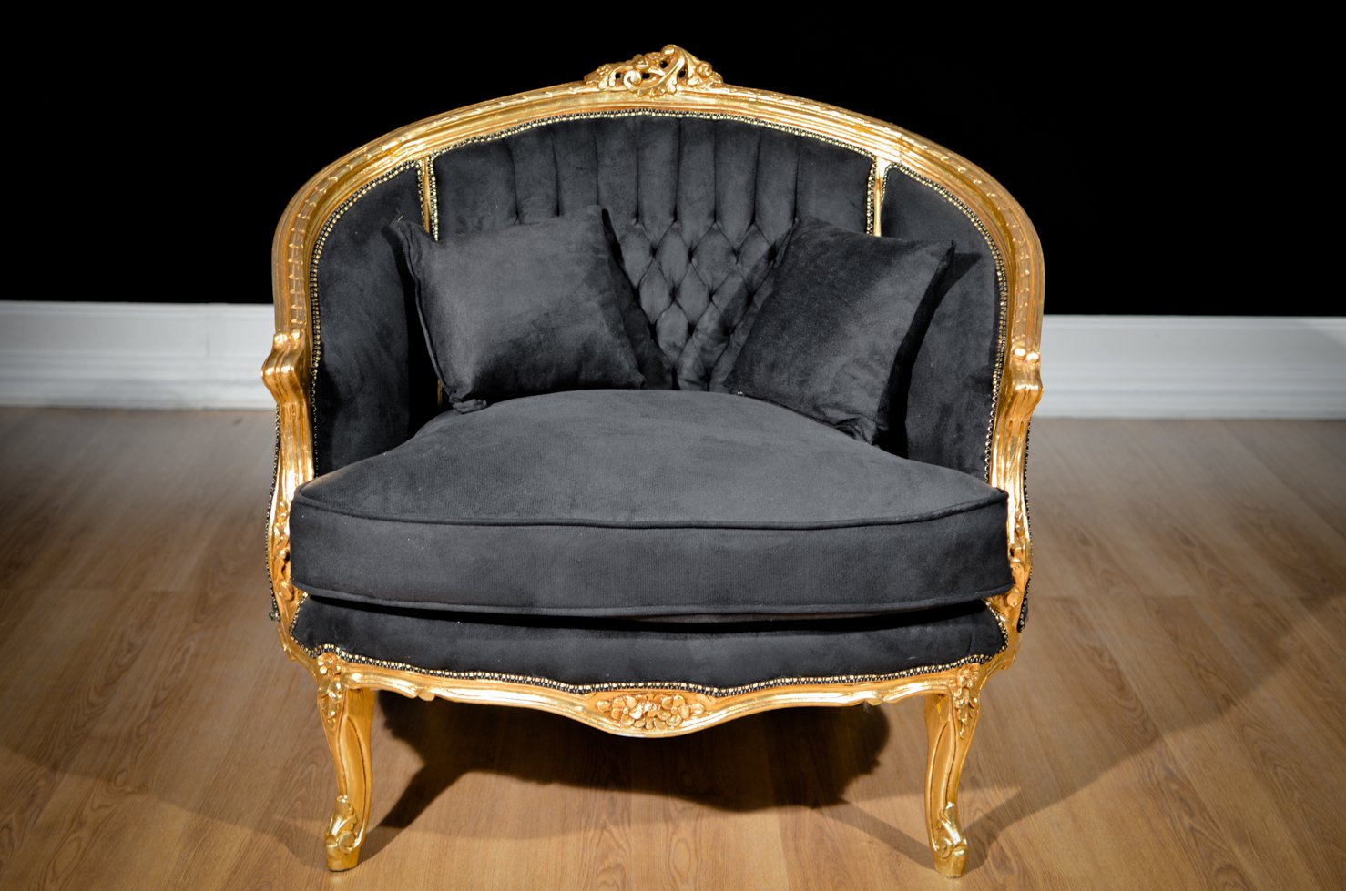 Small Golden Leaf Wood & Black Velvet Sofa, 1930s for sale at Pamono