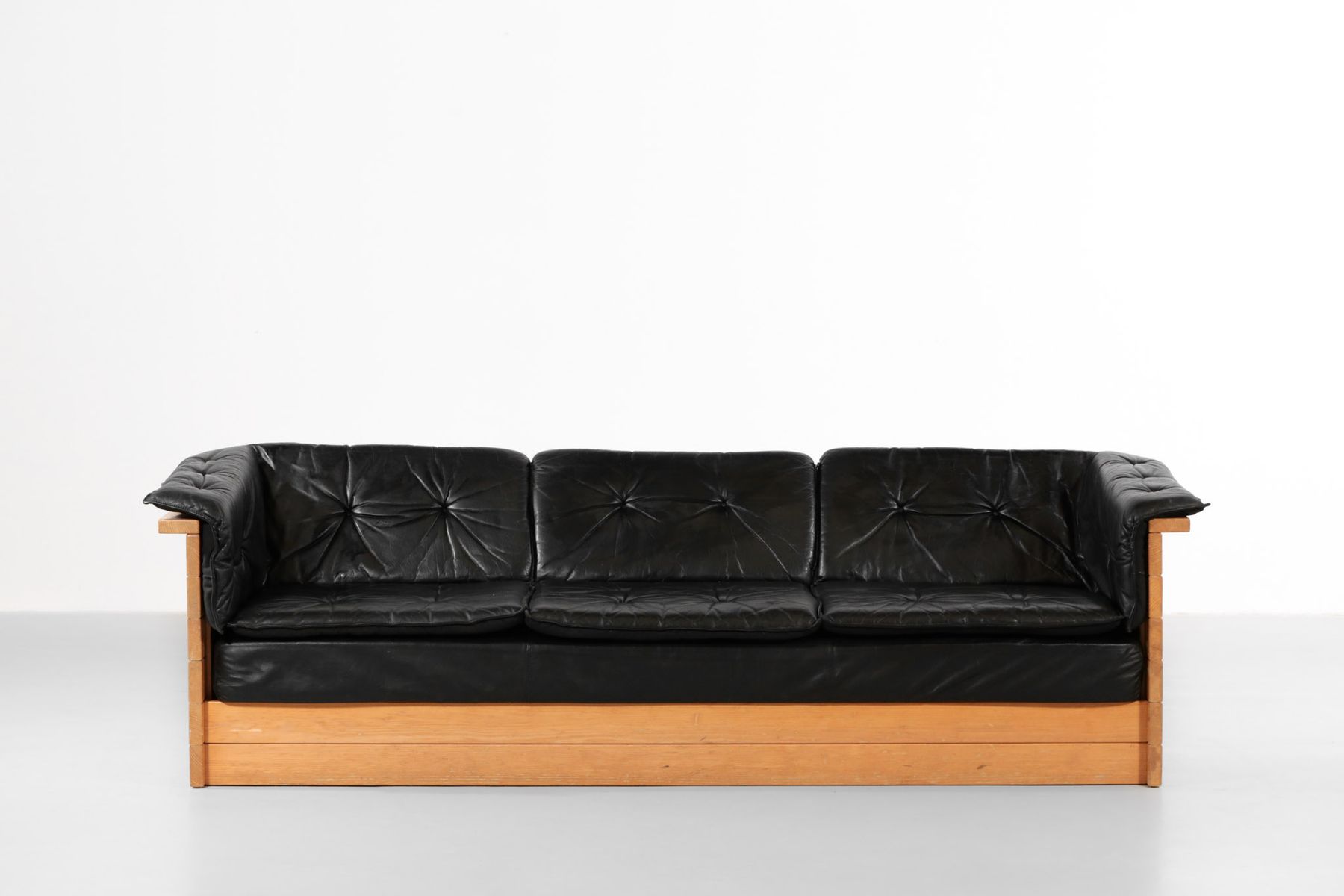 Leather and Pine Sofa, 1970s for sale at Pamono