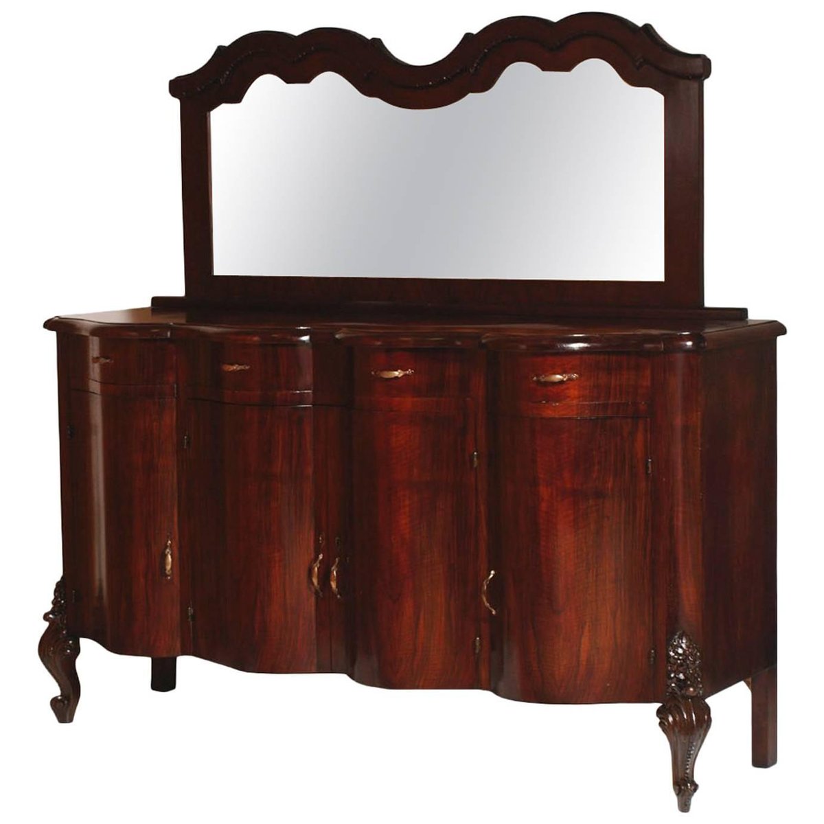 Credenza de nogal estilo Barroco con espejo, década de 1890 en venta en Pamono