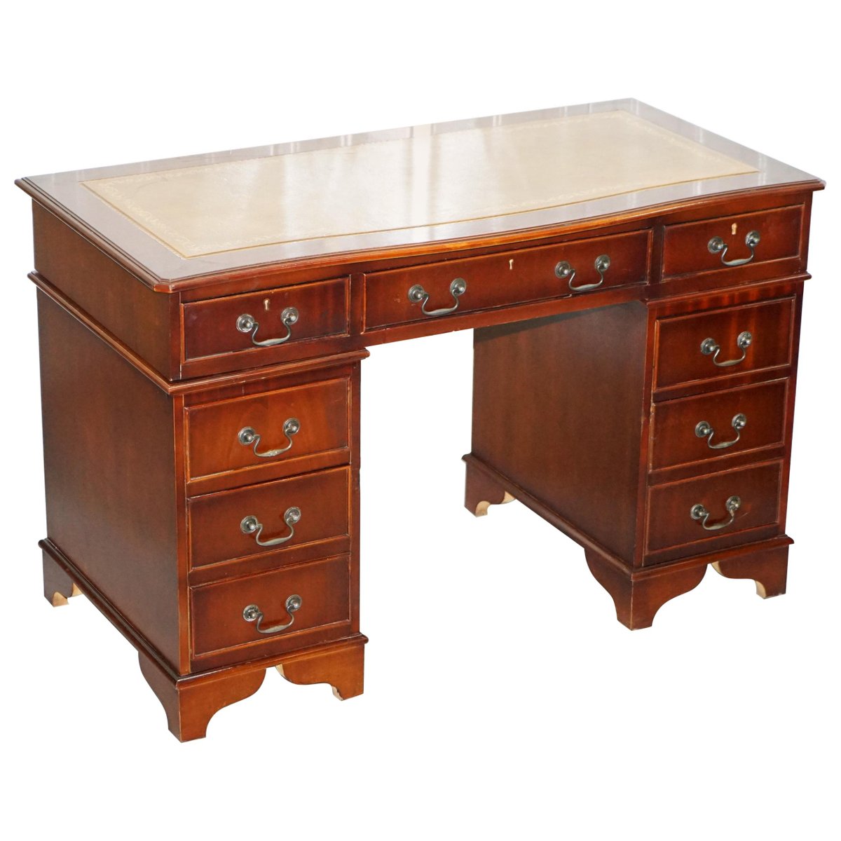 Antique Curved Front Mahogany Pedestal Partner Desk with Green Leather