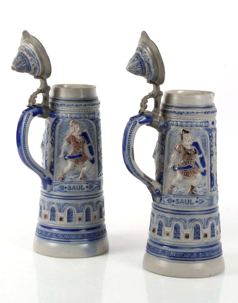  Antique  German Beer Stein Mugs  1880s Set of 2 for sale 