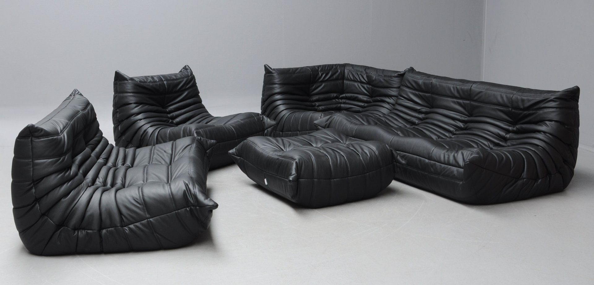Vintage Black Leather Togo Sofa Set by Michel Ducaroy for Ligne Roset