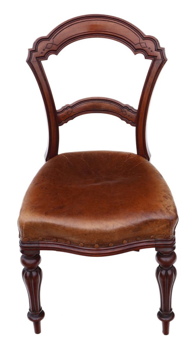 Sillas de comedor victorianas antiguas de cuero y nogal, década de 1880