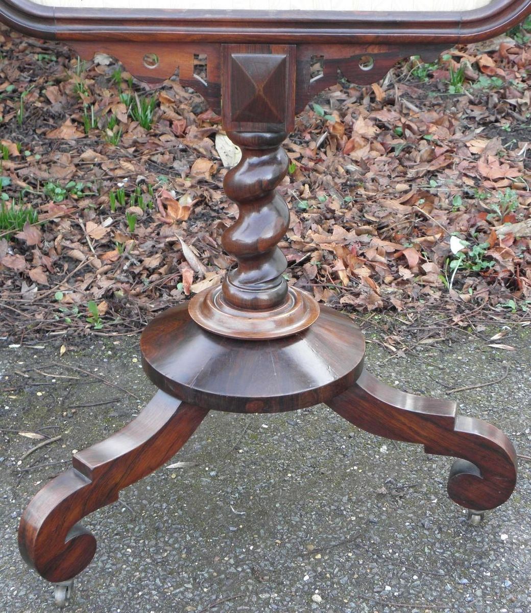 Pantalla de chimenea victoriana antigua de palisandro, seda y vidrio en