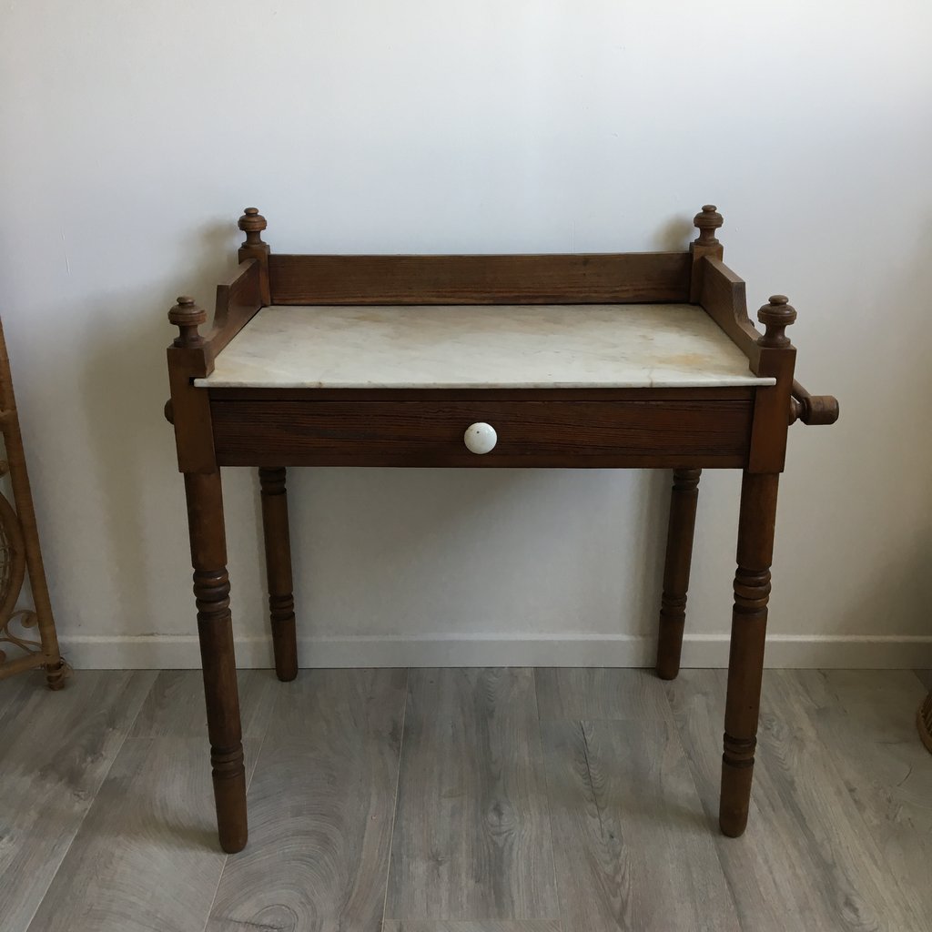 Coiffeuse Ancienne En Bois Et Marbre – Blanche Et Gris Clair, 1 Tiroir, 80cm