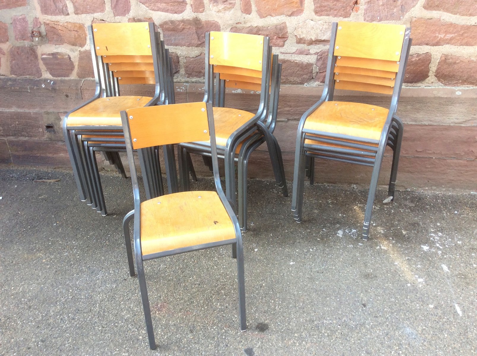 Sillas de comedor 510 industriales Mid-Century de roble de Mullca, años