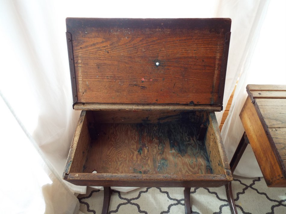 Vintage Industrial Oak School Desk With Folding Bench From