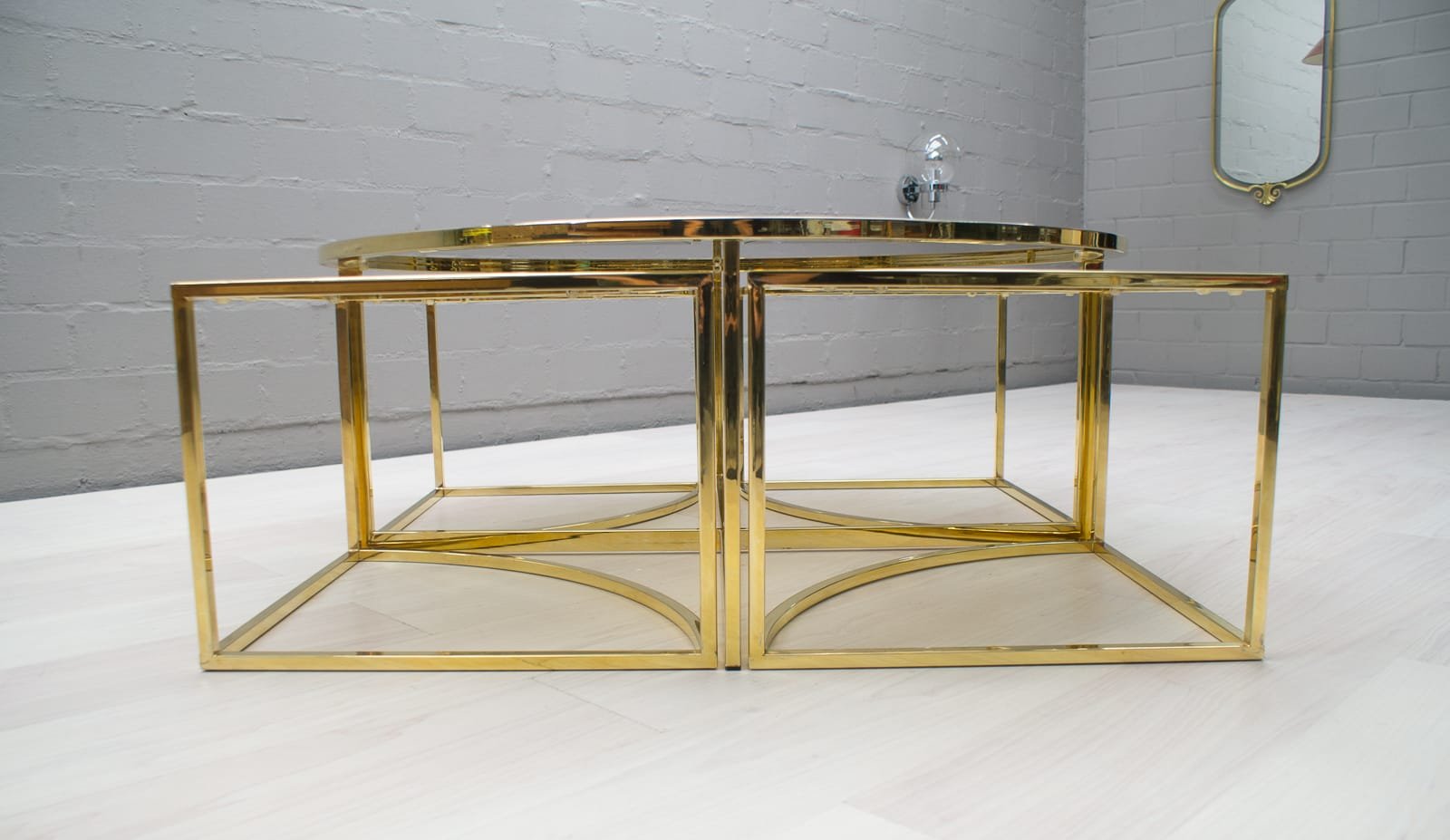 Hollywood Regency Brass & Smoked Glass Nesting Coffee Table Set, 1960s