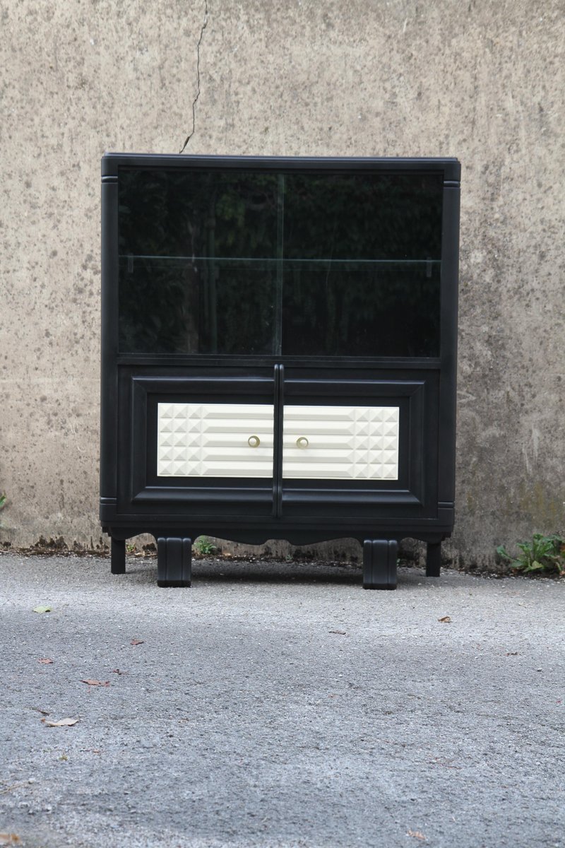 Französischer Mid Century Art Déco Barschrank Aus Glas Eiche 1950er