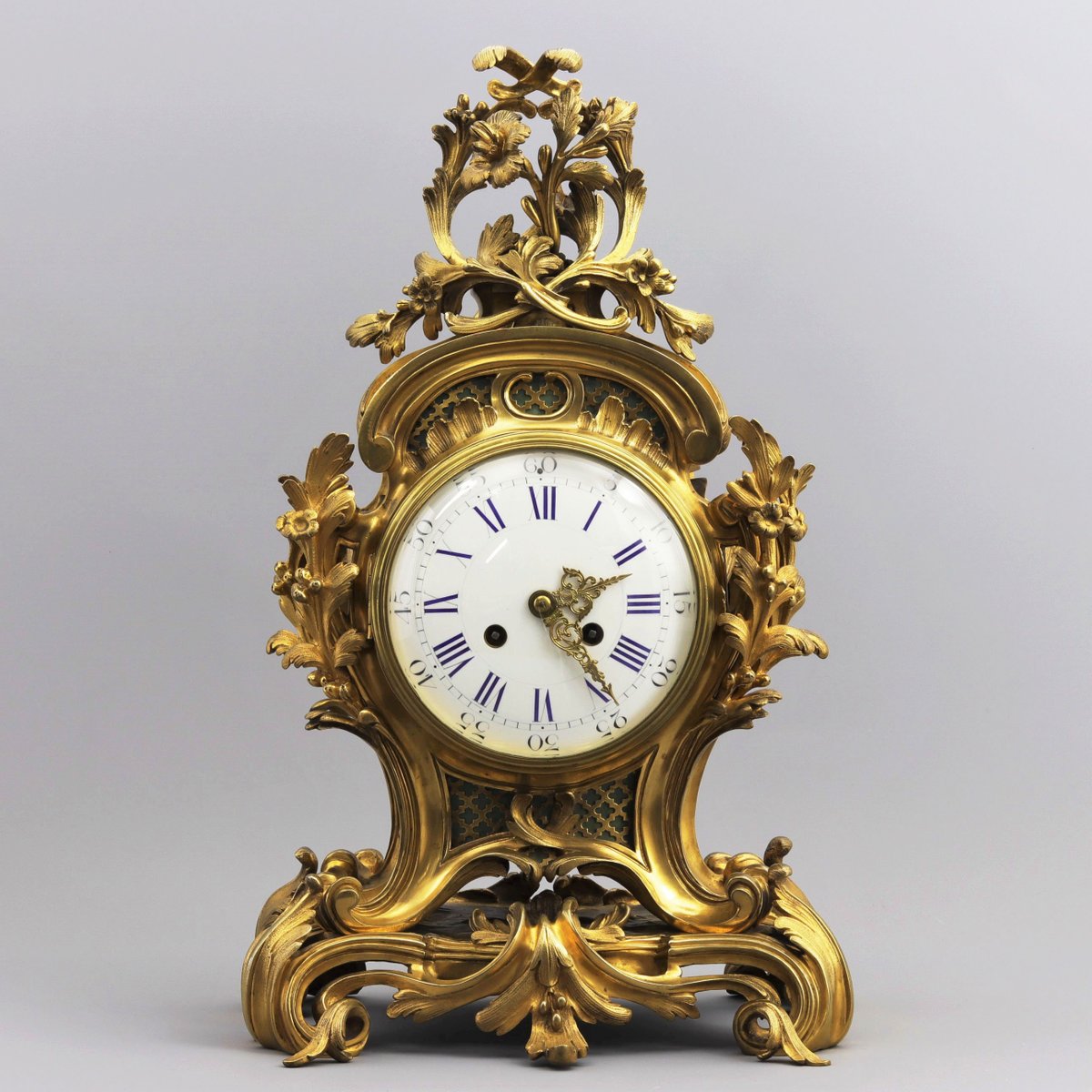 Juego de chimenea con reloj de repisa francés antiguo de bronce dorado