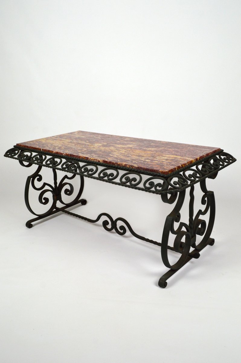 Art Deco Style Wrought Iron Coffee Table With Marble Top