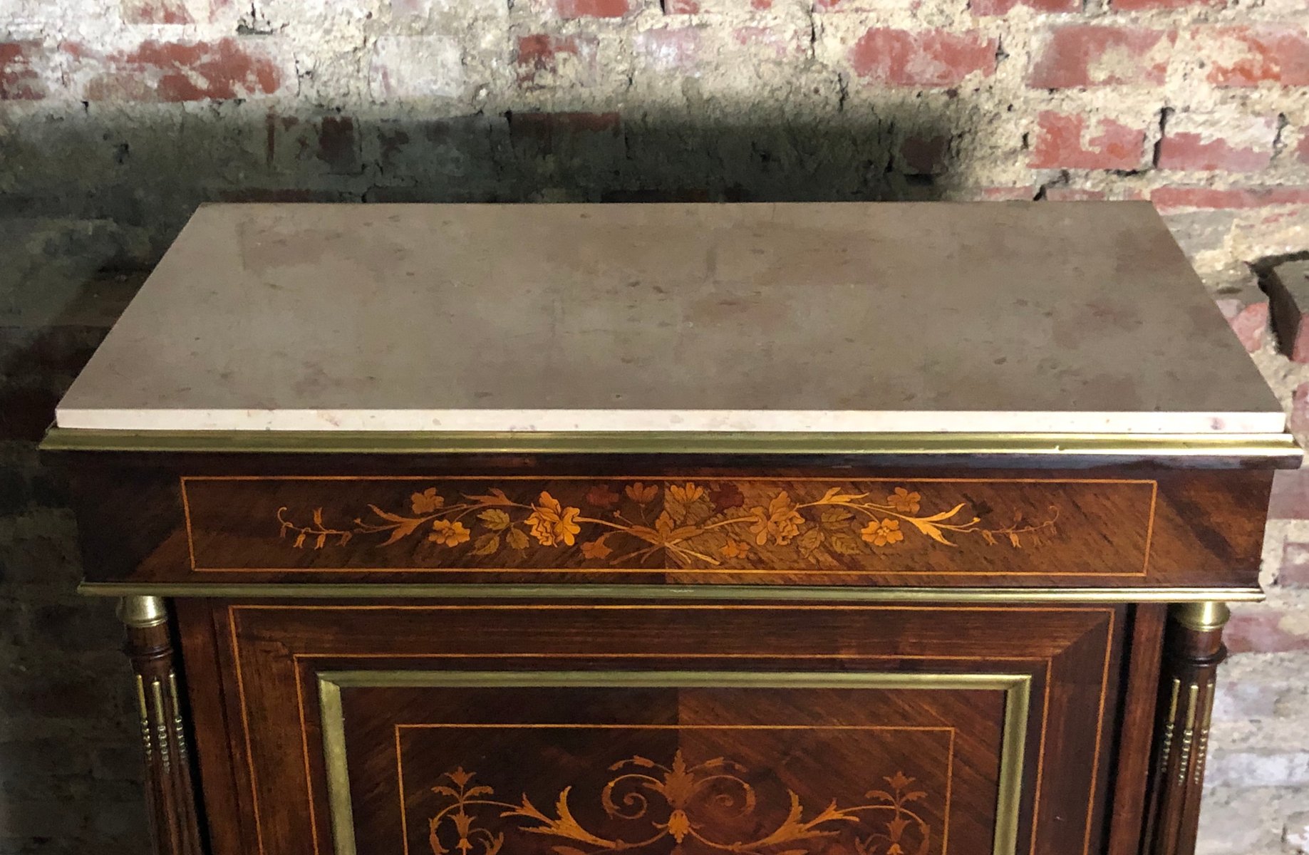 Antique Napoleon Iii Marquetry Wood Veneer Marble Cabinet Bei