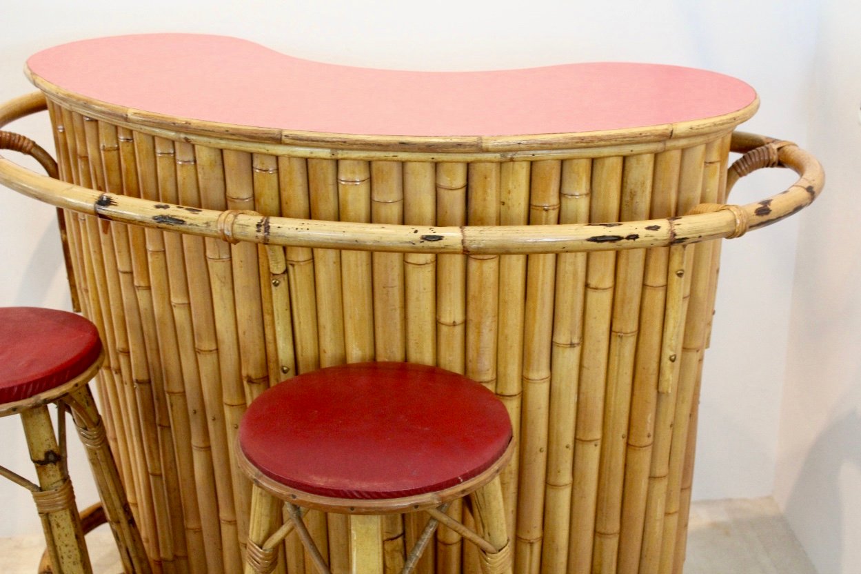 Mid-Century Tiki Bar mit Hockern aus Rattan & Bambus bei Pamono kaufen