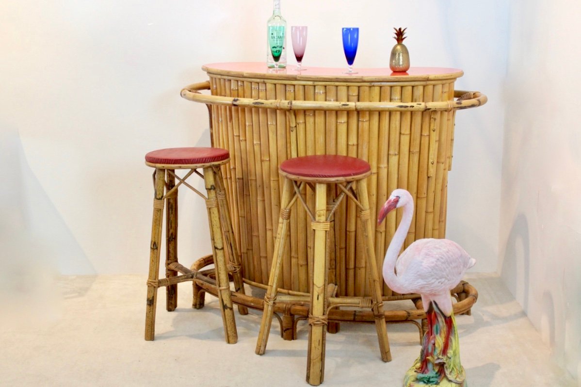 Mid-Century Tiki Bar mit Hockern aus Rattan & Bambus bei Pamono kaufen